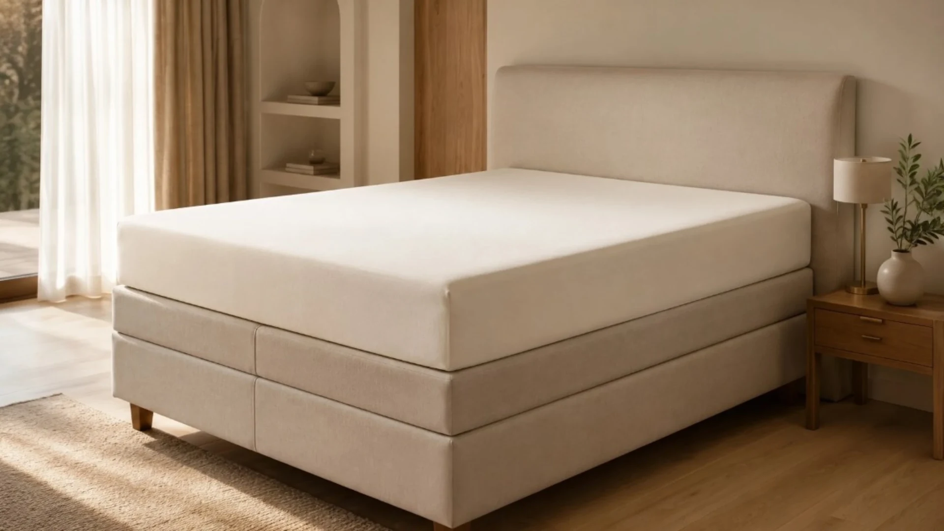 Premium Boxspringbett mit Bella Donna Spannbettlaken in Wollweiss in einem hellen Schlafzimmer mit Holzboden