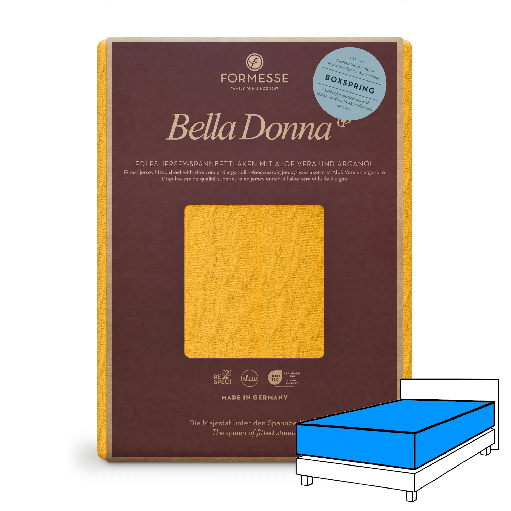Bella Donna ALTO Boxspringbett Spannbettlaken Jersey Curry Produktbild Bella Donna ALTO Boxspringbett Spannbettlaken Jersey Curry