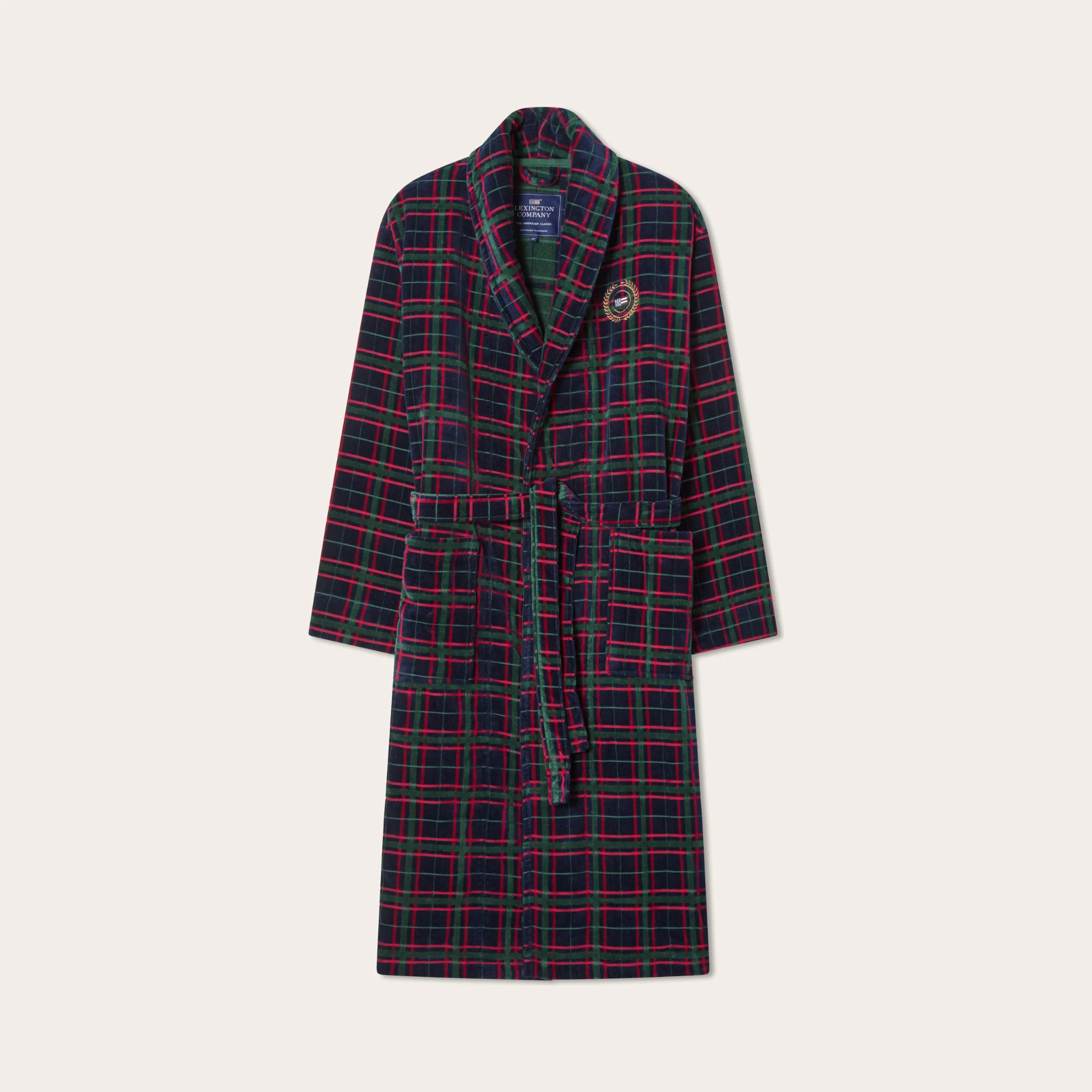 Lexington Bademantel CHECKED Velours Navy-Grün