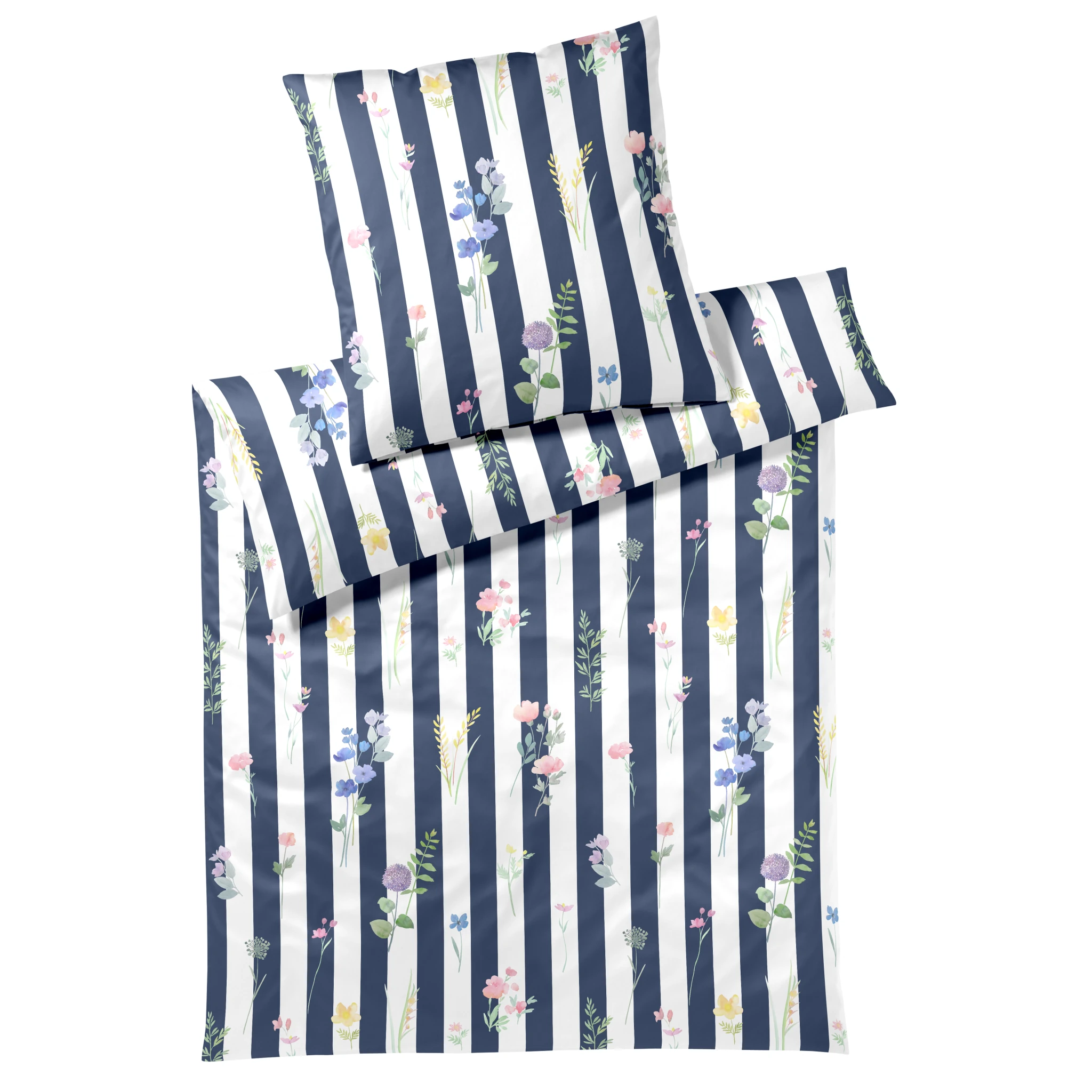 elegante Bettwäsche FLOWERSTRIPE Satin Marine Produktbild elegante Bettwäsche FLOWERSTRIPE Satin Marine
