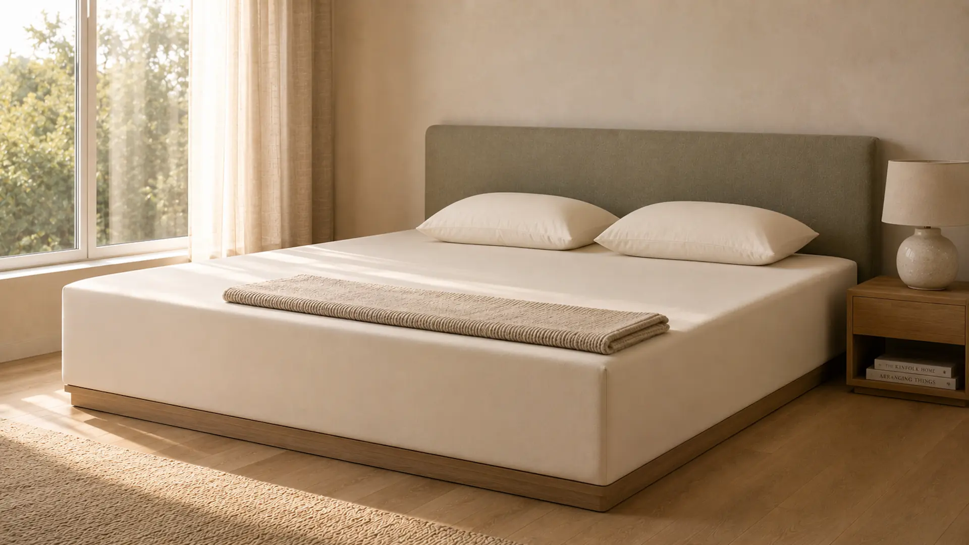 Premium Schlafzimmer mit Wasserbett und Bella Donna Spannbettlaken in Wollweiss in einem hellen Raum mit Holzboden