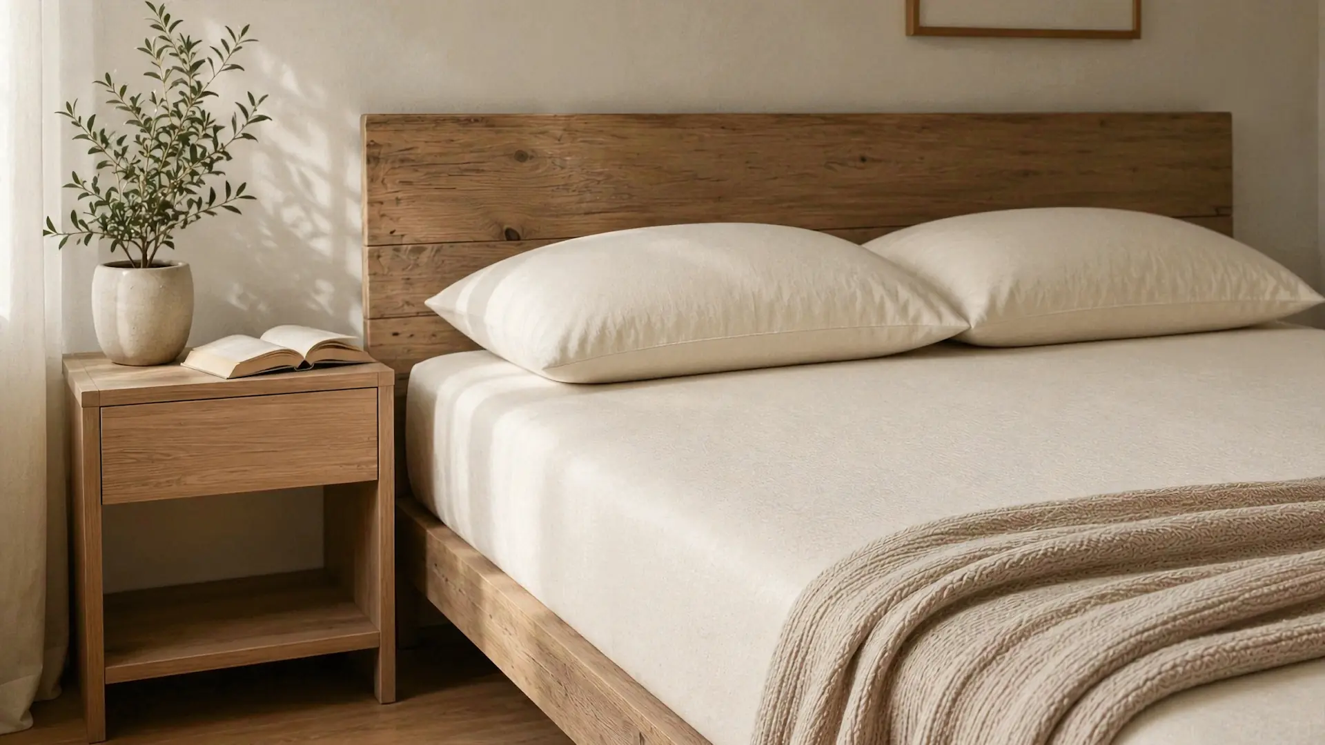 Helles Schlafzimmer mit Bella Donna Spannbettlaken in Wollweiss auf einem Eichenholzbett
