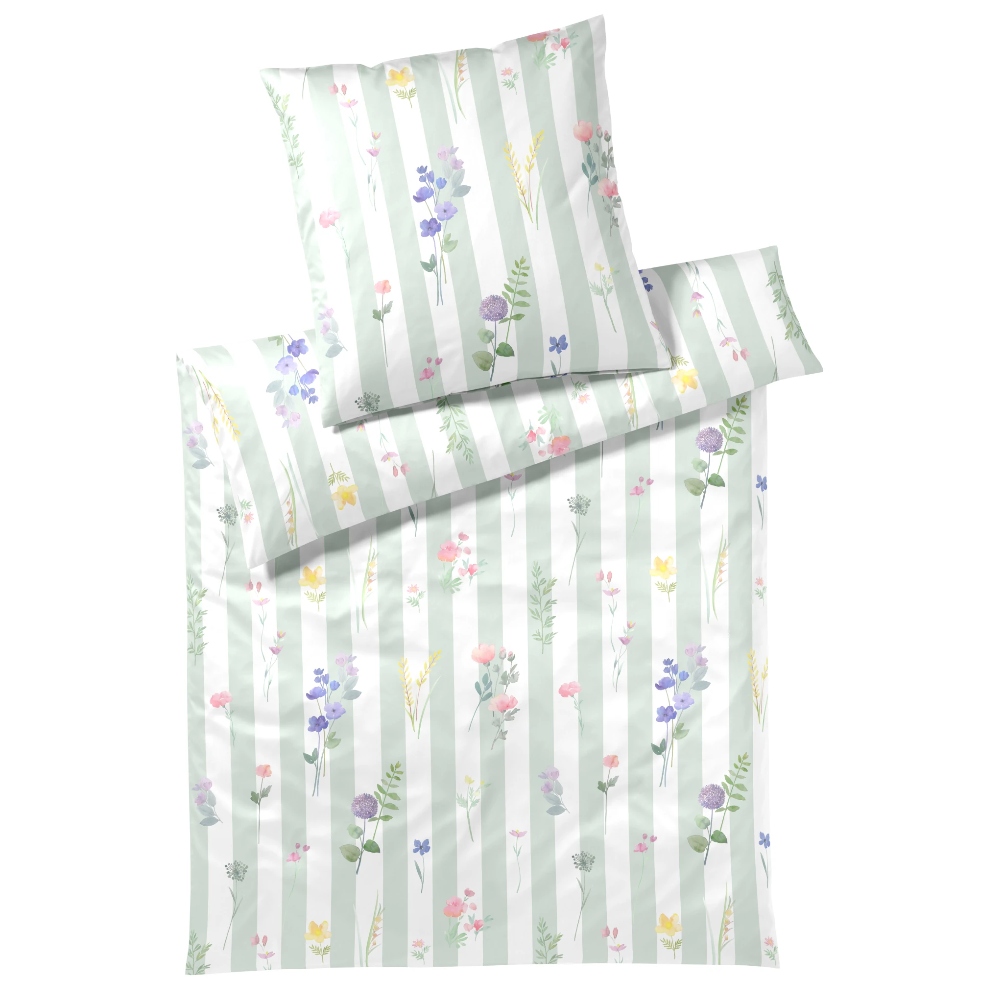 elegante Bettwäsche FLOWERSTRIPE Satin Zartgrün Produktbild elegante Bettwäsche FLOWERSTRIPE Satin Zartgrün