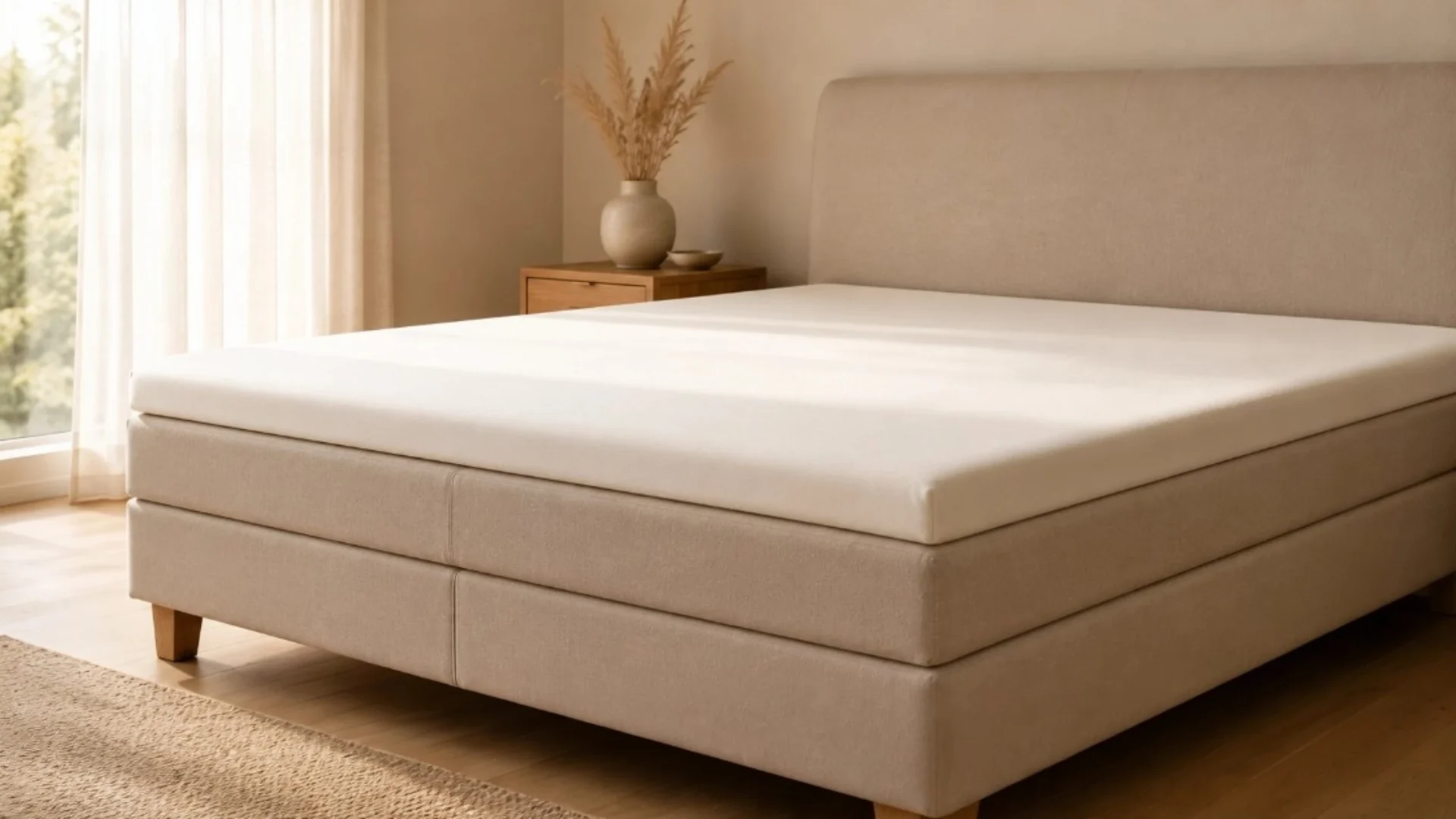 Premium Bett mit Topper und Bella Donna La Piccola Spannbettlaken in Wollweiss in einem hellen Schlafzimmer